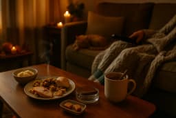 Post-Thanksgiving Cannabis Chill Time | 8th Street Canna Cozy living room scene with a person relaxing under a blanket, Thanksgiving leftovers on the table, a warm drink, and cannabis products beside them — representing 8th Street Canna’s post-Thanksgiving chill guide.