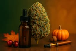 Green Wednesday & Thanksgiving Cannabis Deals | 8th Street Canna Close-up of cannabis flower, vape pen, and tincture bottle surrounded by pumpkins, cranberries, and fall leaves in warm autumn colors — representing 8th Street Canna’s Green Wednesday and Thanksgiving cannabis deals. 8th Street Canna, 8th Street, Hazel Park Dispensary