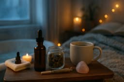 Self-Care with Cannabis | 8th Street Canna Warm bedroom scene with candles, cannabis products, a mug of tea, and cozy blankets — representing 8th Street Canna’s guide to winter self-care with cannabis.