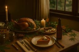 Danksgiving Cannabis Feast | 8th Street Canna Thanksgiving dinner table set with cannabis products, edibles, and festive fall décor under warm candlelight, representing 8th Street Canna’s Danksgiving cannabis-friendly feast.