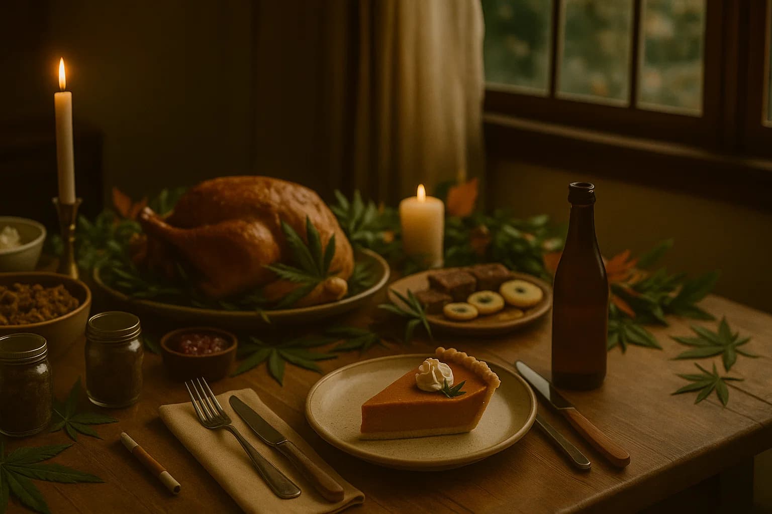 Danksgiving Cannabis Feast | 8th Street Canna Thanksgiving dinner table set with cannabis products, edibles, and festive fall décor under warm candlelight, representing 8th Street Canna’s Danksgiving cannabis-friendly feast.